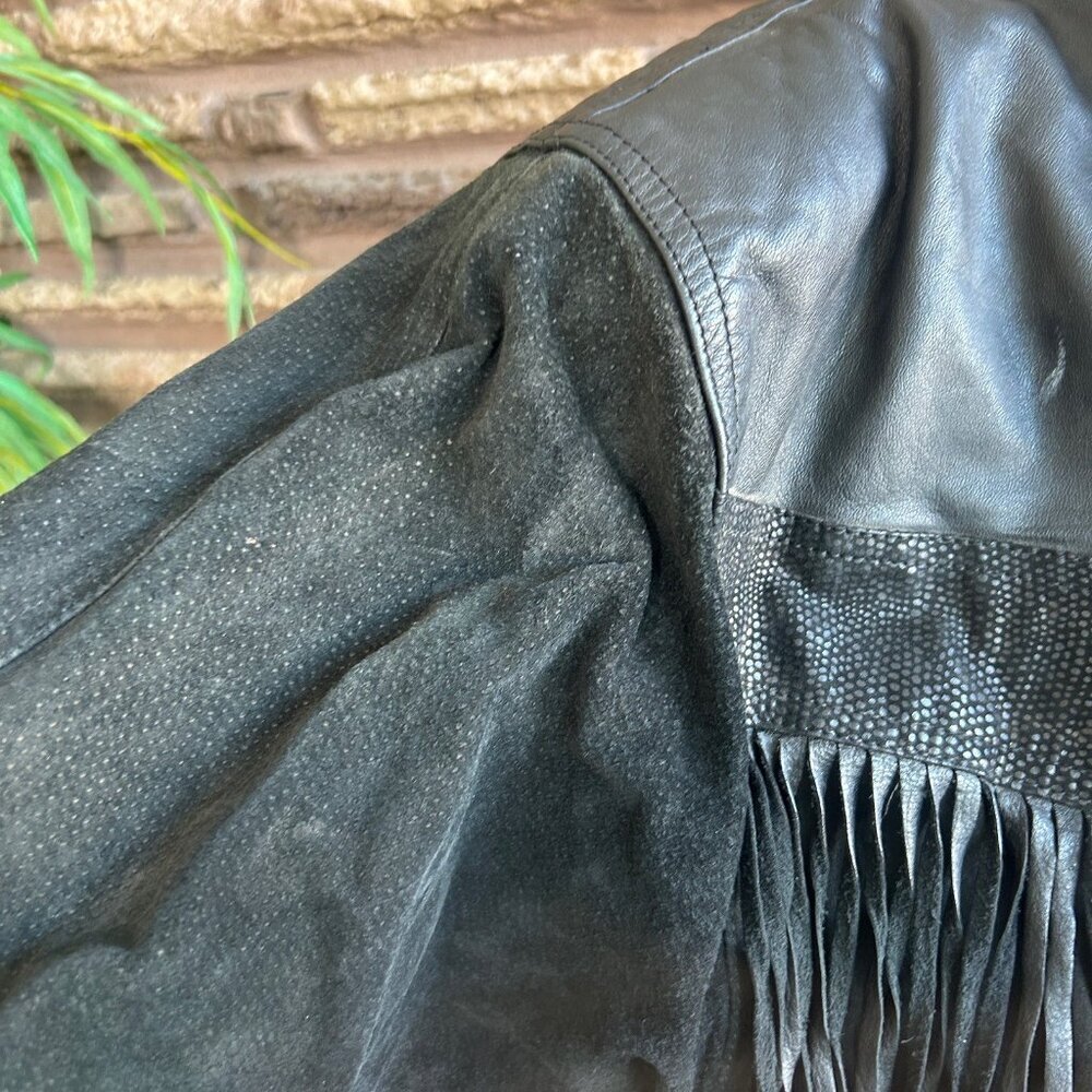 Winlit Vintage 80s Western Cowgirl Jacket Black Leather With Fringe - Picture 7 of 13